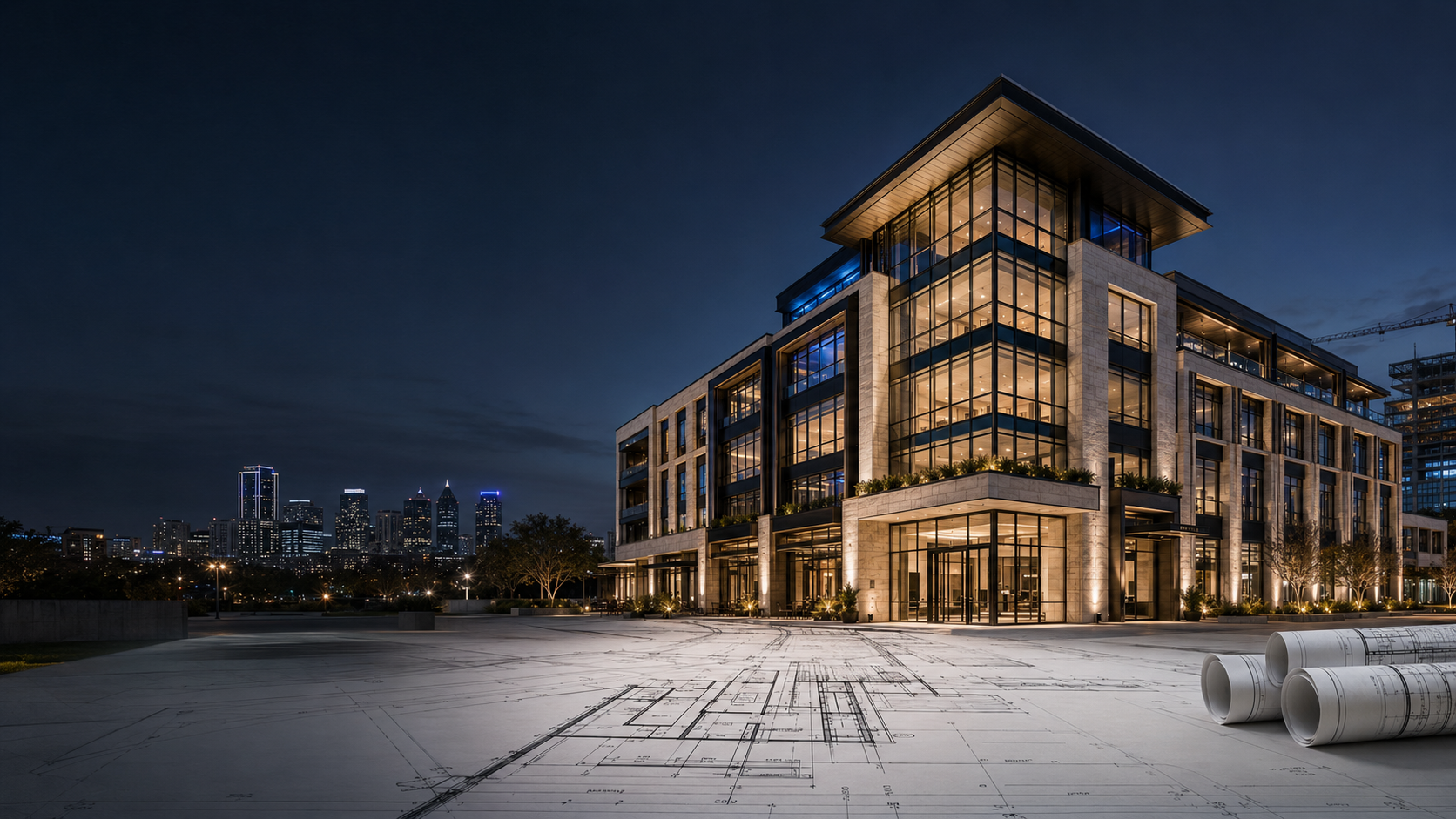 Commercial development rising from architectural plans