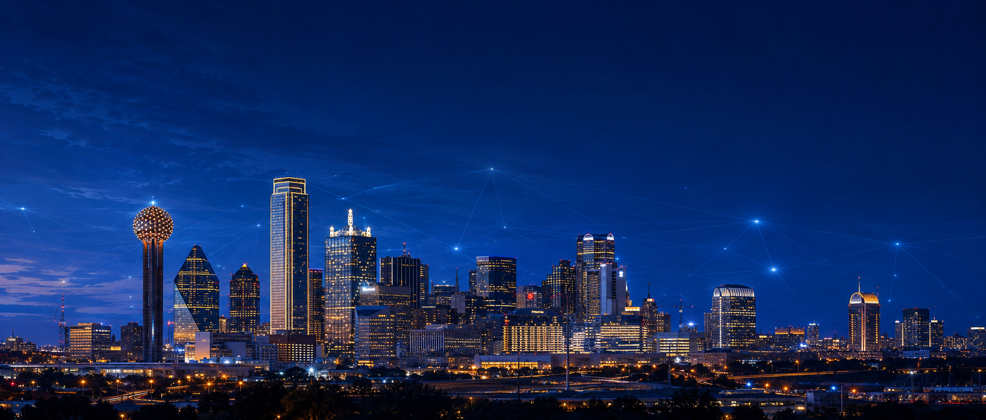 Dallas skyline in A&R blue and gold